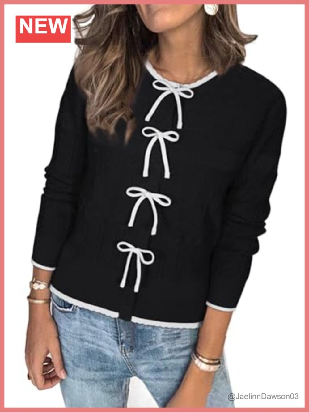 Bow Color Block Button Cardigan Sweater Long Sleeve Crew Neck Knit